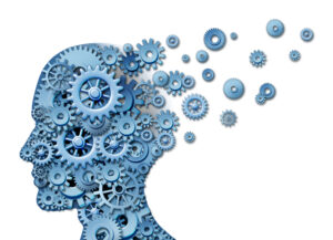 mechanical wheels floating away on a graphic of someone's head 